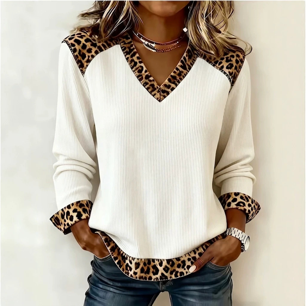 2026 European and American Style Leopard Print Patchwork V-Neck Long Sleeve T-Shirt for Women, New Autumn Ribbed Knit Top