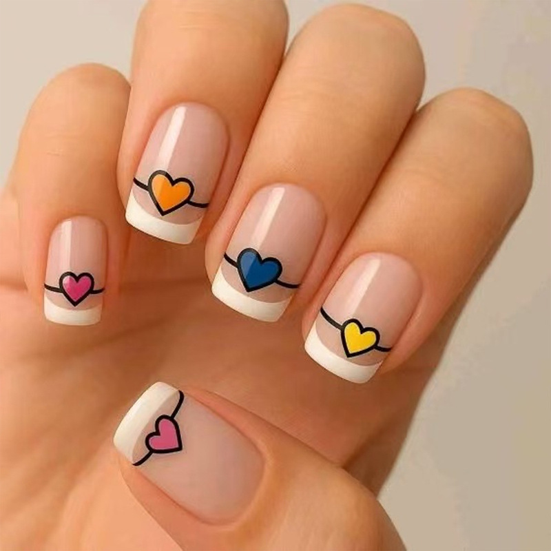 Valentine's Day Simple Style Colorful Heart Black Lines White French Design Short Square Wearable Nails Cross-Border Manicure Nails