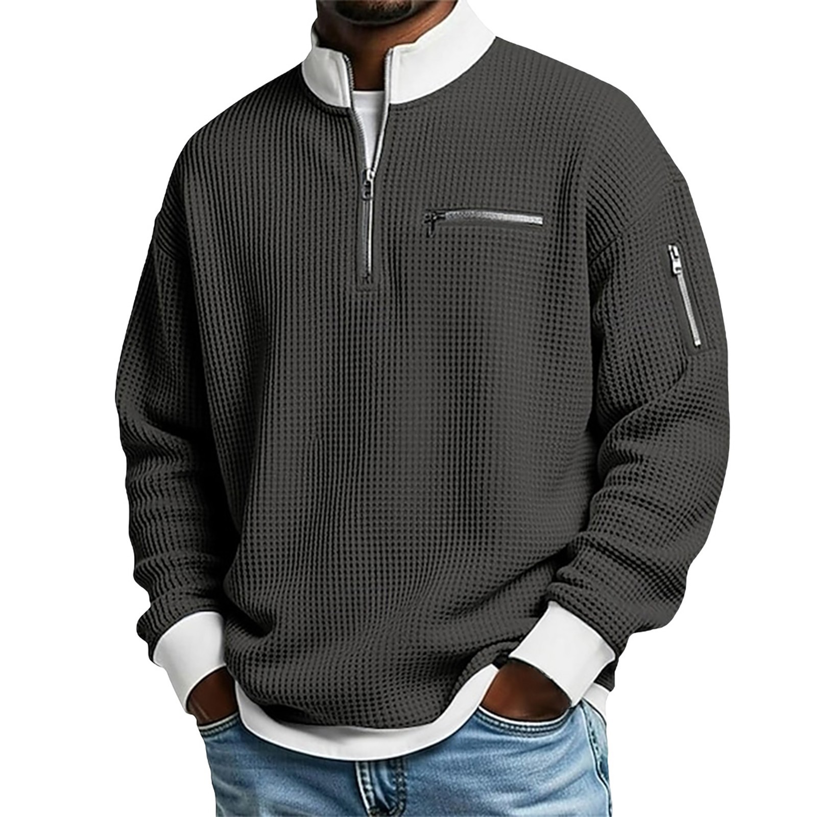 Cross-Border American Amazon Best-Selling High-Collar Color-Block Zip Hoodie Men's Sports Fashion Long Sleeve Casual Menswear