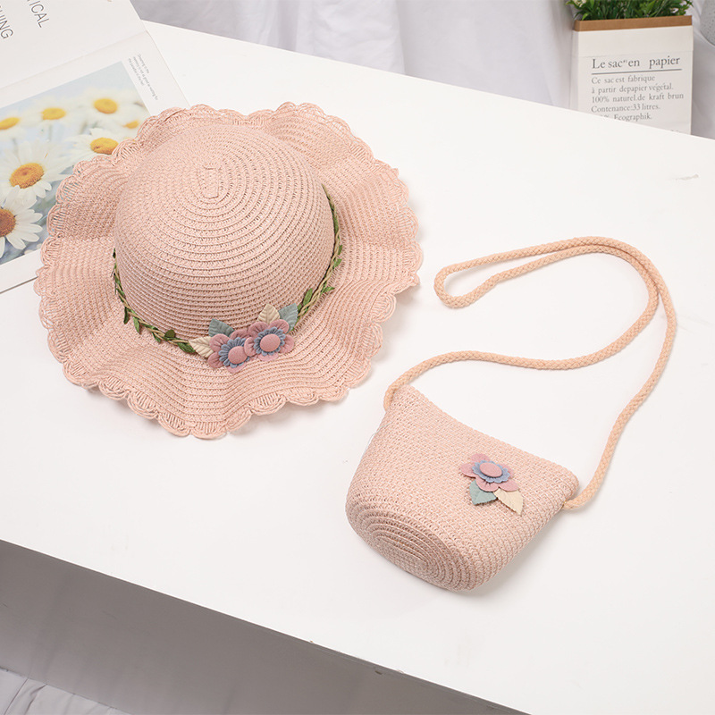 Double flower straw rope wavy edge straw hat-pink