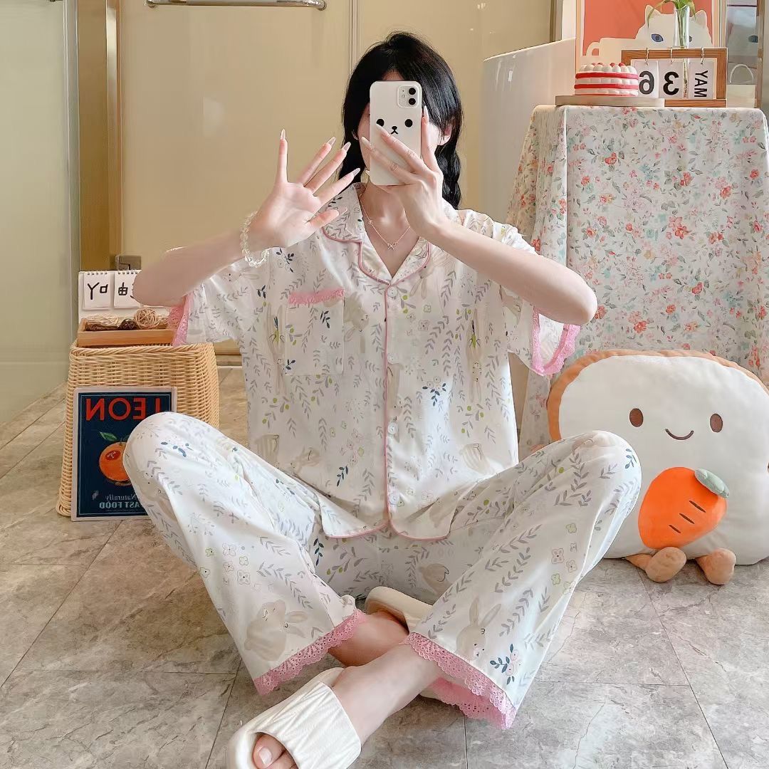 Pijamas de algodón de nube al por mayor transfronterizo para mujer verano de manga corta con costuras de encaje cardigan solapa pantalones de manga corta traje de servicio a domicilio