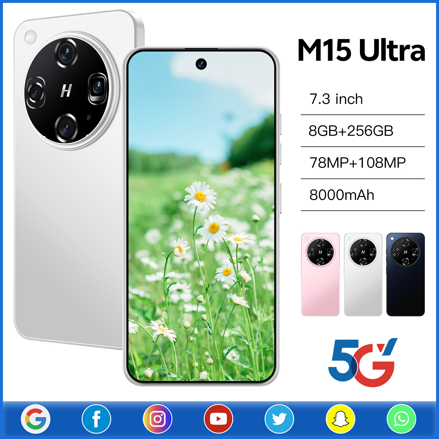 跨境手机m15 ultra内存8+256GB八核1300万像素安卓10厂家直销代发