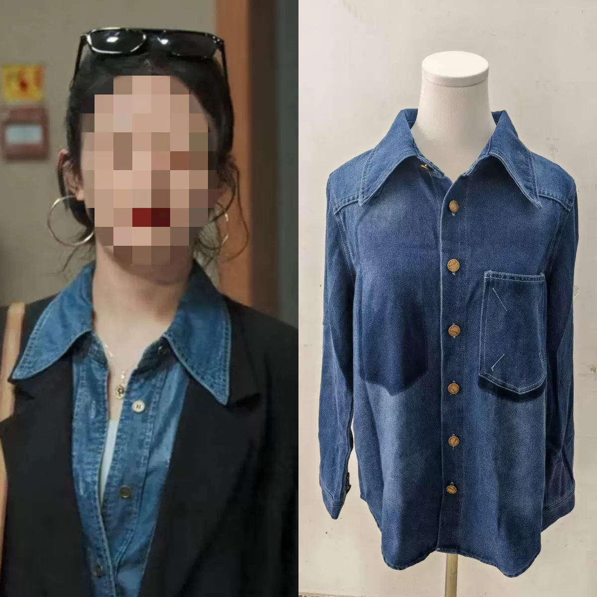 长期现货2025春风吹半夏赵丽颖许半夏同款蓝色牛仔衬衫女叠穿衬衣
