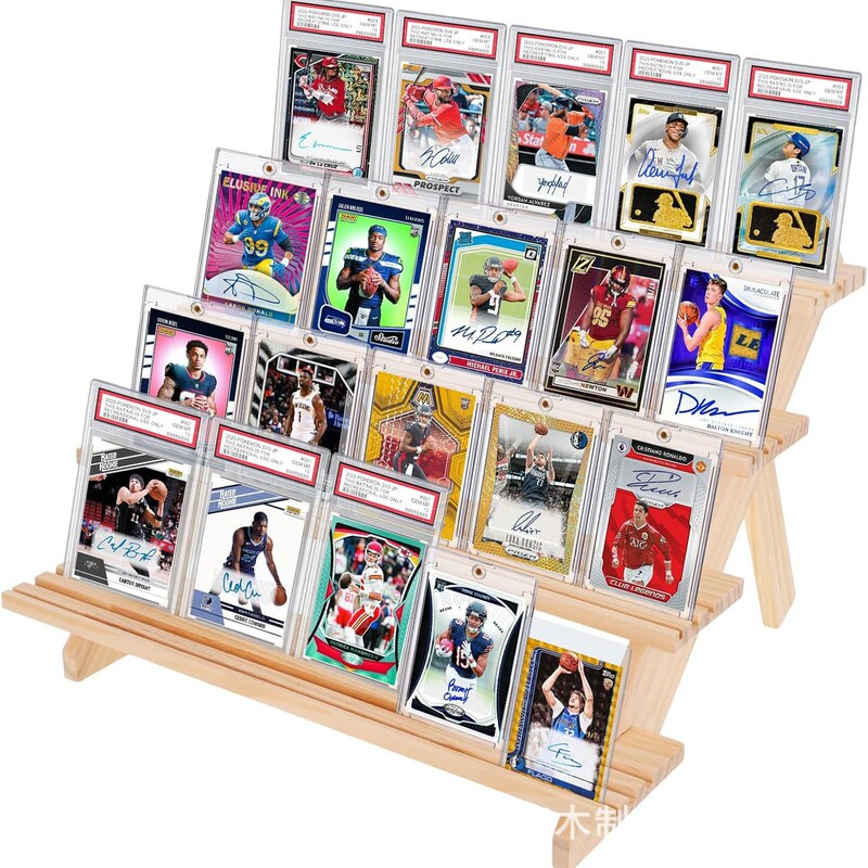 Wooden Multi-Layer Card Display Stand, Table Tennis Card Signature Card Holder, Desktop Ladder Card Collection Storage Rack