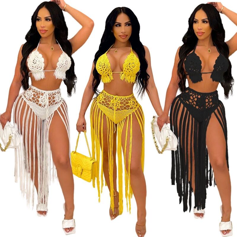 Aliexpress Foreign Trade Women's Long Tassel Woven Two-Piece Beach Dress Rose Bra Sexy Hot Girl