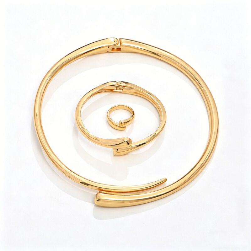 European and American Fashion Simple Heavy Metal Elegant Geometric Ring Glossy Water Drop Necklace Bracelet Earrings Jewelry Set for Women