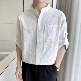 2026夏季立领短袖衬衫男士潮流纯色七分袖衬衣休闲黑中袖男式衬衫
