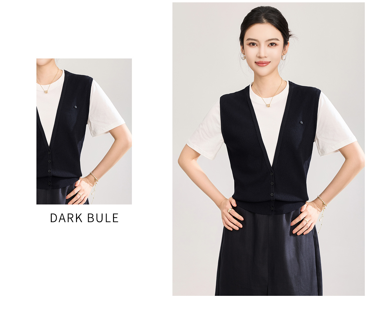 Áo thun dệt kim tay ngắn cổ tròn chất liệu Tencel siêu mịn — màu xanh navy chi tiết 14