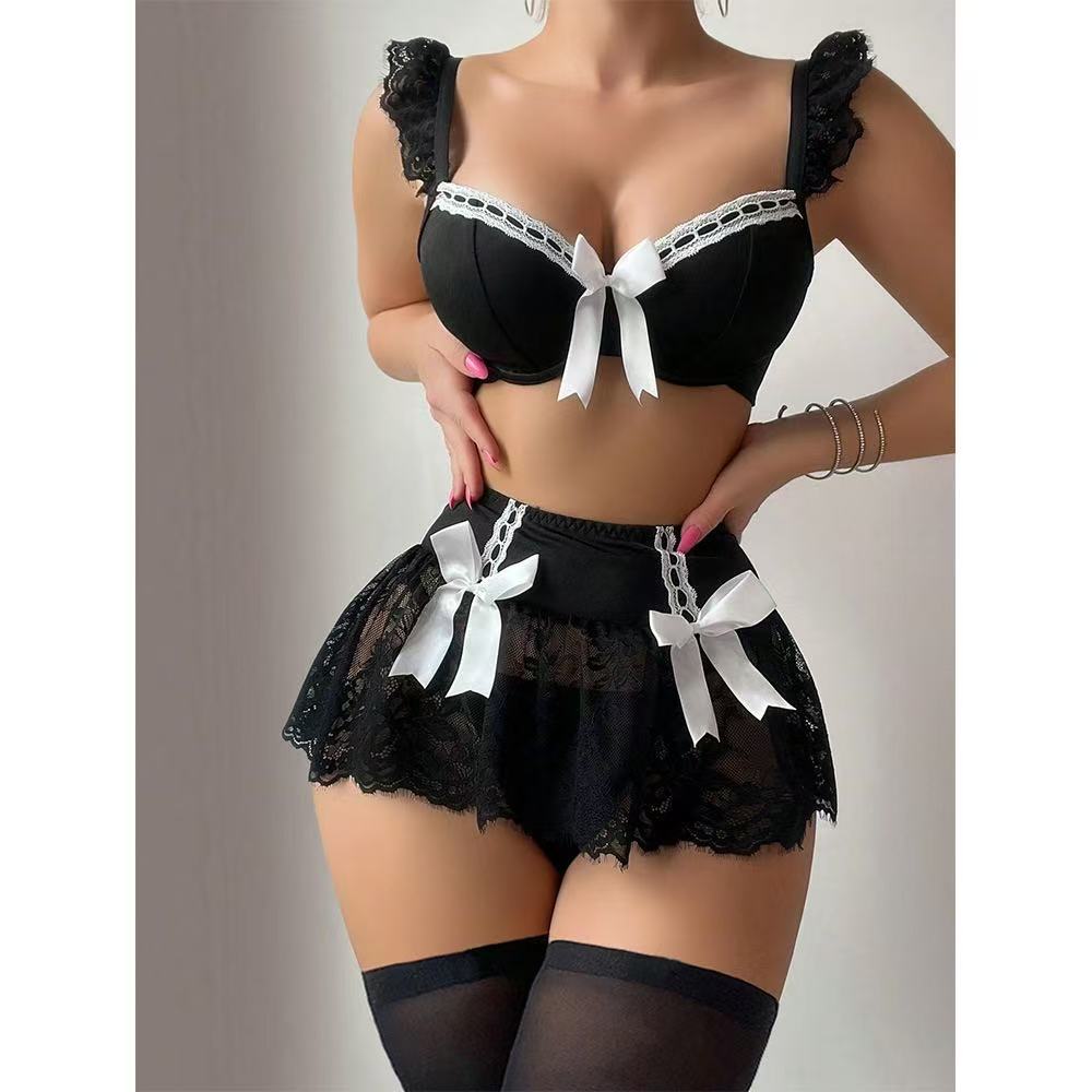 2025 European and American Cross-Border New Lace Bow Maid Outfit Sexy Lingerie Set