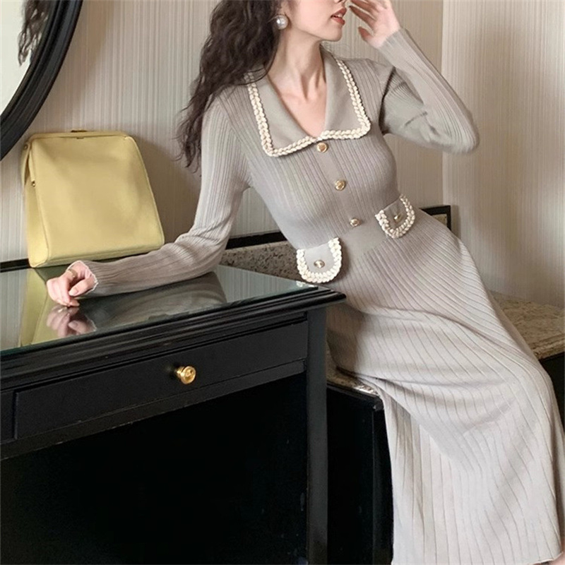 Fransk stil liten doftande stil lapel slimmad stickad klänning för kvinnor i höstdesign, slim fit slimmad hög midja lång kjol_voghion.com