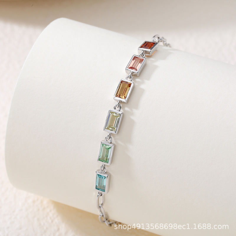 Cross-Border Summer New Style Colorful Cultured Sapphire Bracelet 925 Sterling Silver Bracelet Plated with 18K White Gold, Light Luxury and High-End Feel