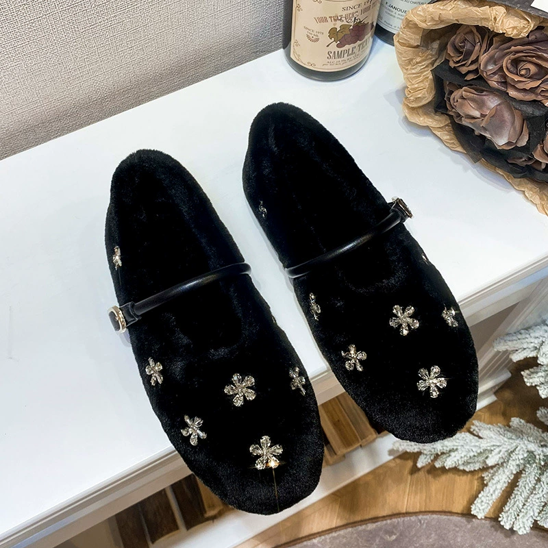 Теплые хлопковые туфли в корейском стиле для женщин, осень-зима 2025, новые плюшевые меховые туфли на плоской подошве, верхняя обувь, большие размеры 41-43