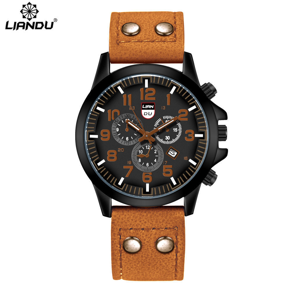 Men's Belt Quartz Watch Three Eyes Fashion Calendar Watch Double Nail PU Men's Watch Batch_voghion.com