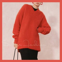 冬季2022年新款慵懶優雅加厚寬松v領紅色聖誕馬海毛女性毛衣上衣