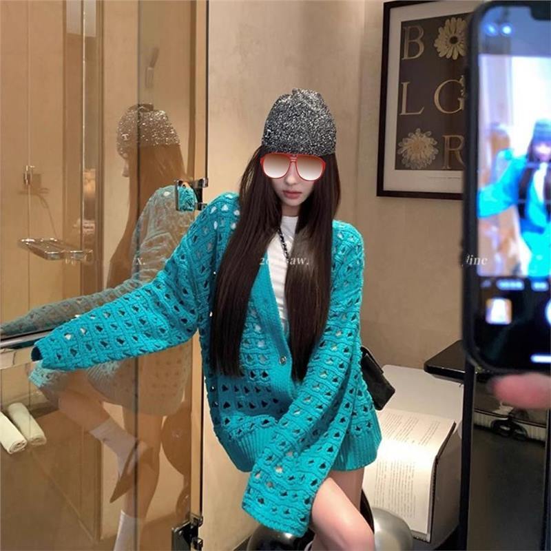 镂空针织衫女春秋款慵懒风宽松毛衣外套黄色上衣多巴胺洋气开衫潮|undefined