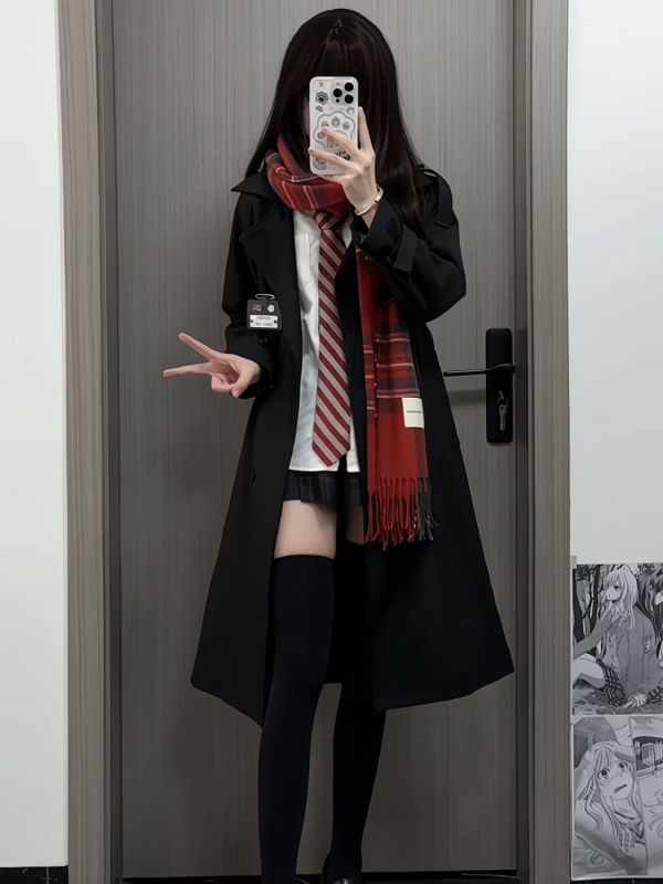 ハイエンド JK 制服ウインドブレーカージャケットミッドレングスカレッジスタイル女性の春と秋の黒のコートスーツ 2025 新しいスタイル|undefined