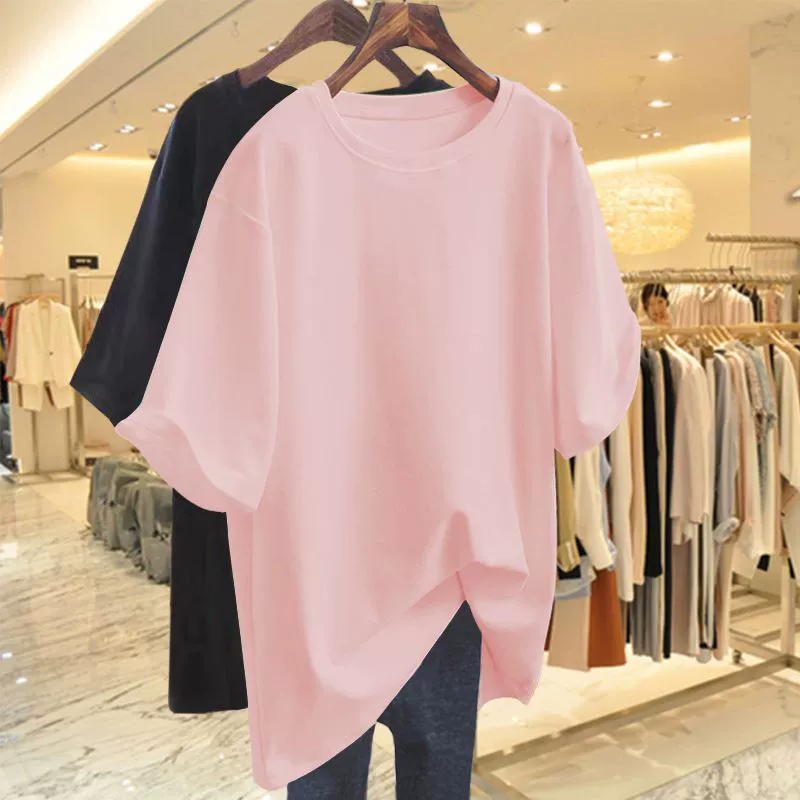 White cotton long summer solid base body-friendly T-shirt for leisure, plus size