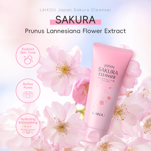 Cross-border LAIKAU cherry blossom facial cleanser 100g, all-English skincare facial wash, cleansing and moisturizing manufacturer, foreign trade