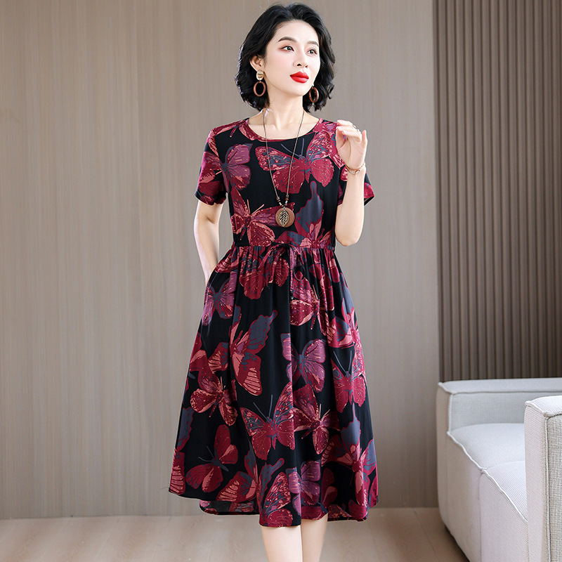 中高年向けの新しい綿シルクドレス、夏の若いスタイル、中年母親の花柄ロングスカート、エレガントなアウターウェア|undefined