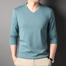 一件代发2023秋季新款男式V领T恤长袖潮流百搭男装桑蚕丝上衣批发