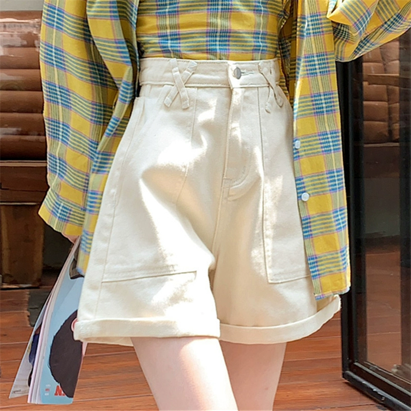 Шикарные женские абрикосовые джинсовые шорты в гонконгском стиле, летние модные свободные прямые утягивающие широкие брюки трапециевидной формы с высокой талией.