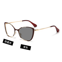 跨境猫眼眼镜框新款复古潮流金属平光镜欧美外贸变色防蓝光眼镜