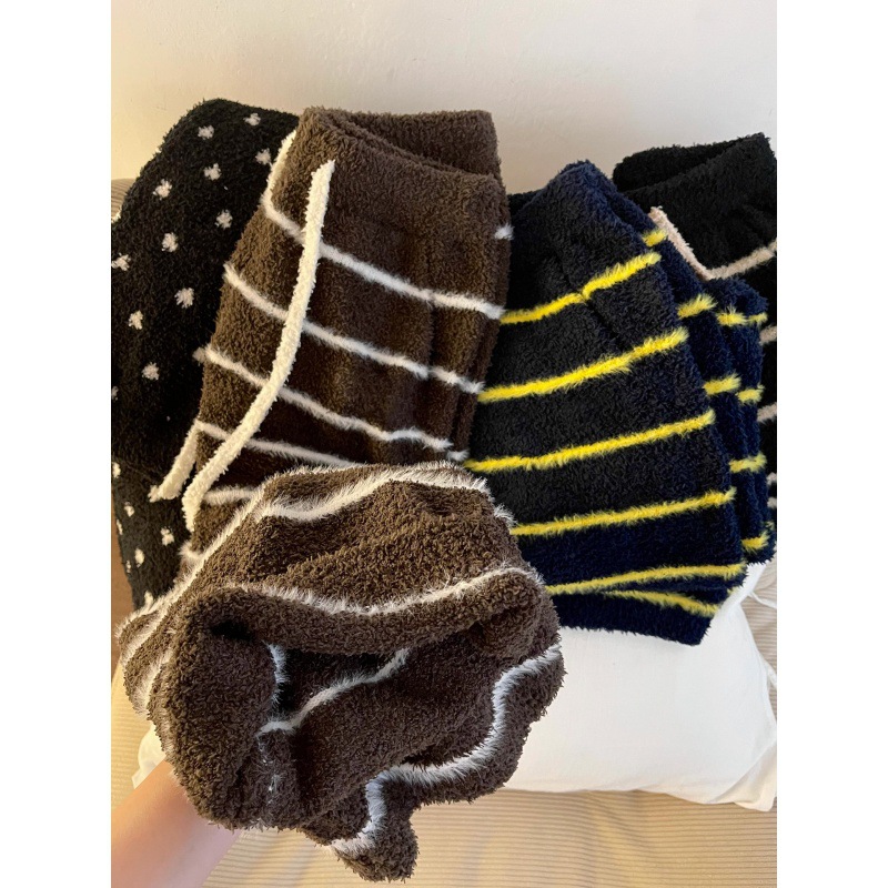 Diseño coreano de cintura alta a rayas de color de punto de mitad de camelera pantalones de pijama de mujeres otoño invierno calentamiento pantalones caseros