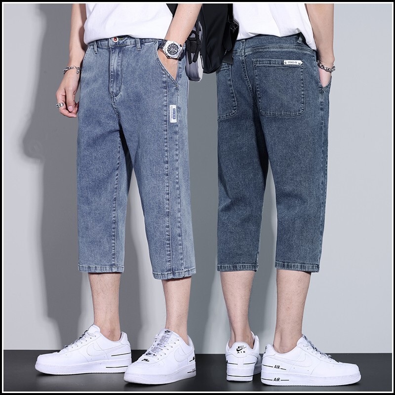 Men's Summer Thin Straight Loose Cropped Denim Shorts Casual Mid-Length Pants Trendy Brand Summer