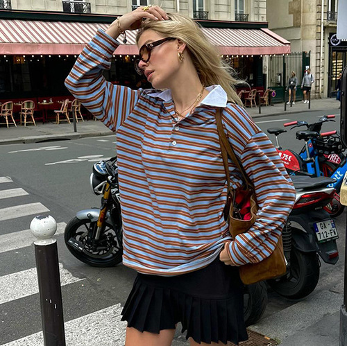 American cool spicy top, niche color-block striped loose T-shirt, 2024 Western autumn fashion new retro long-sleeve