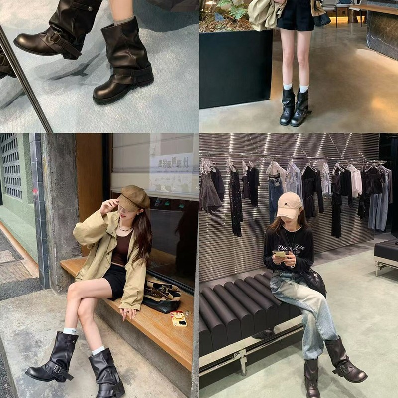 牛皮版葡萄妈同款辣妹裤管靴女时髦废土风褶皱扣带西部牛仔靴短靴|undefined