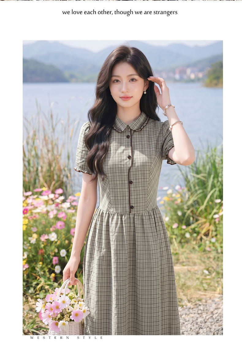 Đầm maxi nữ thắt eo họa tiết kẻ caro phong cách vintage — Màu ảnh chi tiết 6