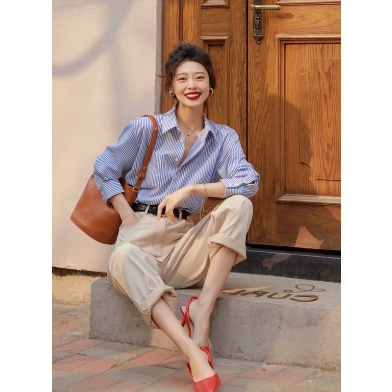 French Blue Vertical Stripe Shirt Women's Spring Chic Shirt Design Sense Niche Business Wear Commuter Elegant Top