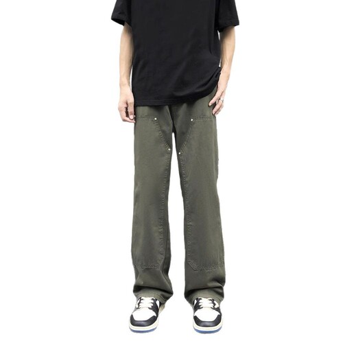 Army Green Logging Worker Trousers for Men - 2025 Spring American Street High-Street Loose Straight Casual Pants Cleanfit