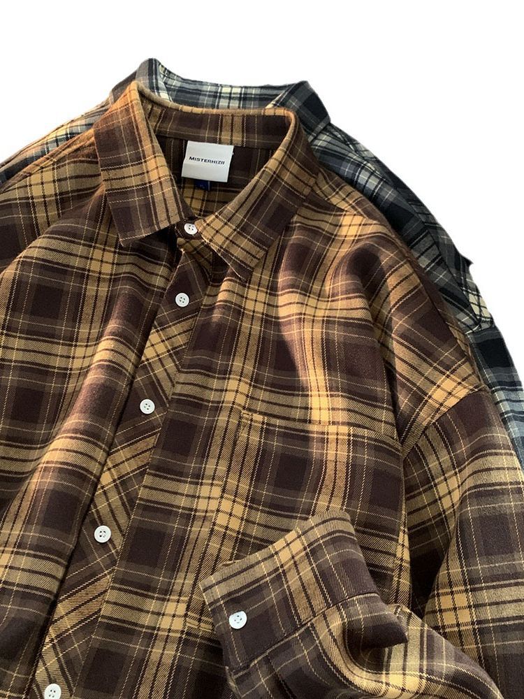 Otoño Hong Kong estilo camisa a cuadros hombres Pu guapo de alta calidad camisa de manga larga de moda marca de moda estilo japonés Capa delgada interior