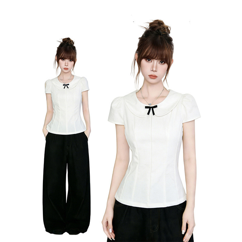 Korean-style college chic youthful bow-tie doll collar short-sleeve women's summer high-end slim-fit waist-cinching shirt top
