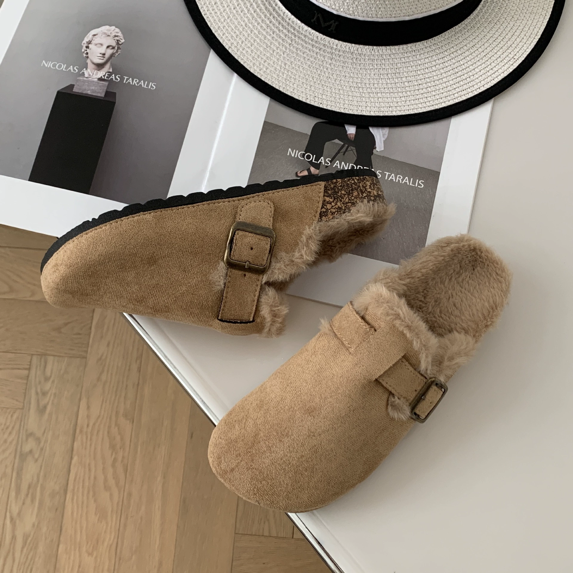 Birkenstock балетка без носка полупр тапочки для женщин, бархатные тёплые домашние и уличные тапочки 2025 осень и зима новые Birkenstock обувь