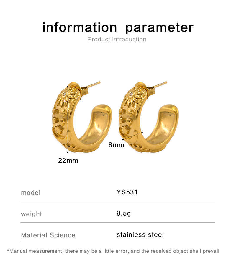 13g Weight 0.03µm Gold Plating Thickness 1 Pair Fashion Sun Star Moon Plating 304 Stainless Steel 316 Stainless Steel Rhinestones 18K Gold Plating In Furnace Stainless Steel Earrings
