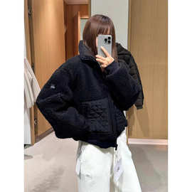 alo秋冬棕色羊羔毛连帽短外套加厚保暖运动休闲立领拉链夹克上衣