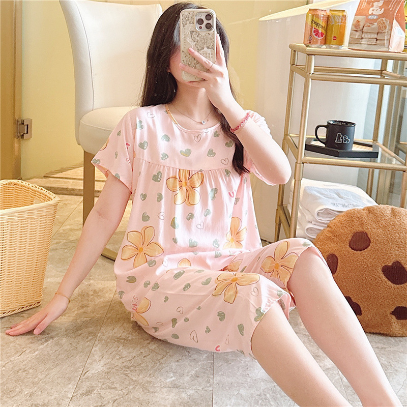 新しい綿シルクパジャマ女性のための夏の薄いツーピース半袖人工綿シルクかわいいルーズ大きいサイズホーム服|undefined
