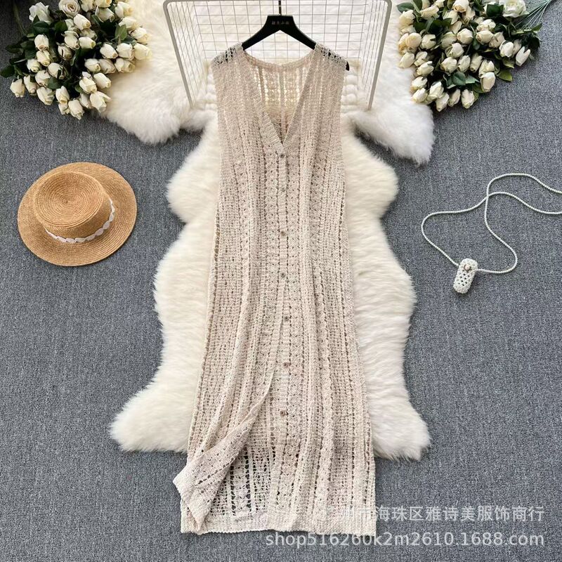 Korean-style Knitted Cardigan Jacket Women's Design Sense Crochet Hollow Retro Fashionable All-match Long Vest Top Korean-style Knitted Cardigan Jacket Women's Design Sense Crochet Hollow Retro Fashionable All-match Long Vest Top