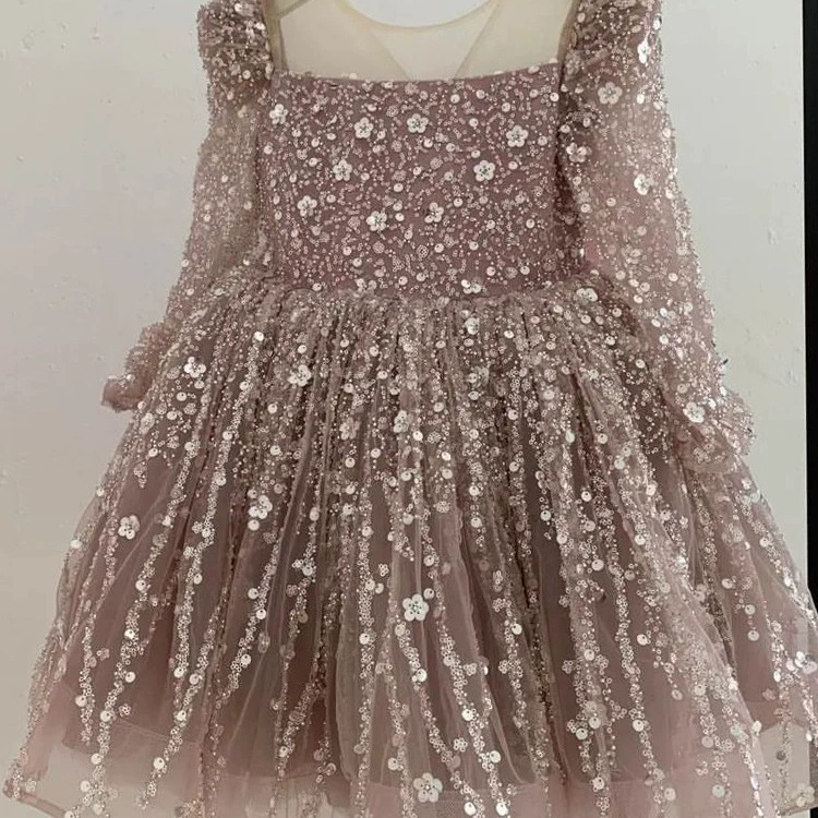 Платье, зимнее длинное рукав, блестящая детская ногтевая Sequins, маленький костюм принцессы, одежда для особого случая, пачка юбка, подарок на день рождения
