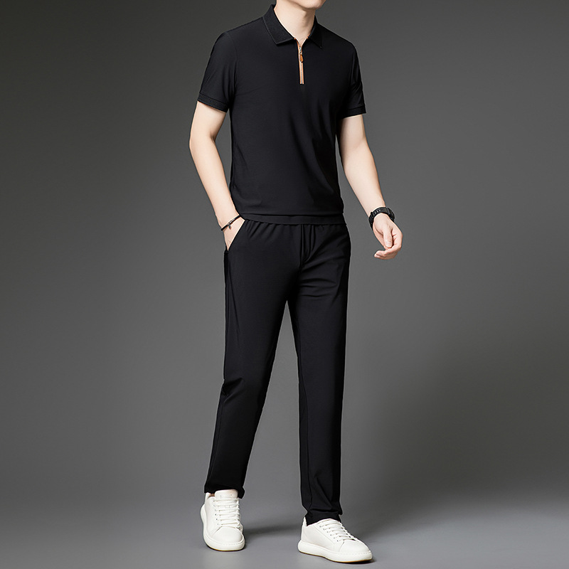 100% Mulberry Silk Light Luxury Short-sleeved Trousers Two-piece Set Men's Ice Silk Traceless Lassel Polo Shirt Casual suit