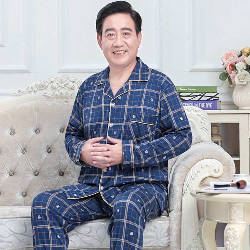 Pijamas de mediana edad y ancianos hombres 100% algodón primavera y otoño manga larga otoño e invierno más tamaño viejo papá traje de uso doméstico