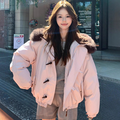 羽绒棉服女工装派克服毛领连帽牛角扣外套冬季2025宽松加厚保暖