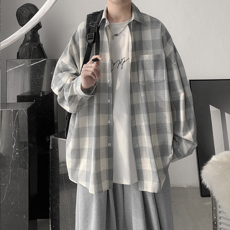 Camisa a cuadros estilo coreano Primavera de los hombres ins juventud camisa de manga larga 2021 suelta moda guapo abrigo del todo fósforo