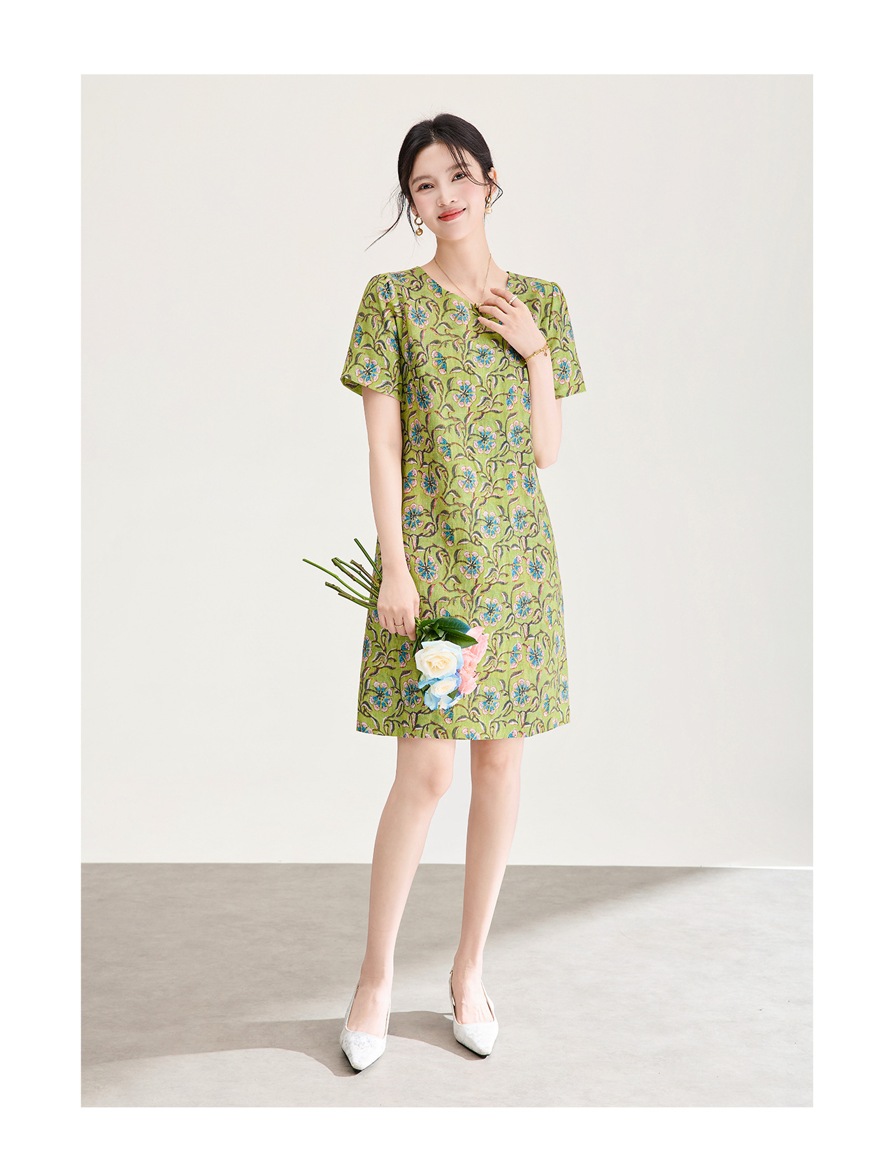 Đầm maxi nữ thắt eo tay ngắn họa tiết vintage chất lụa tơ tằm phối sợi gai — xanh lá cây chi tiết 12