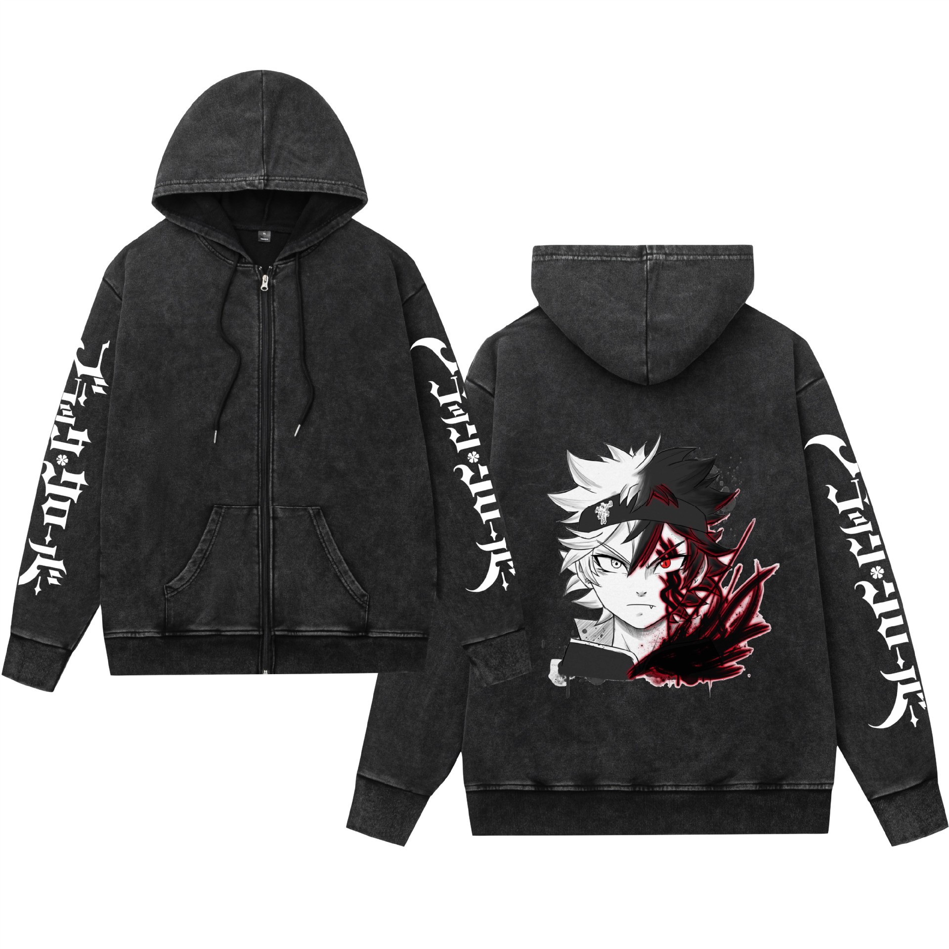 Comercio exterior lavado y desgastado suéter retro con capucha cremallera trébol de cuatro hojas negro estampado hombres y mujeres