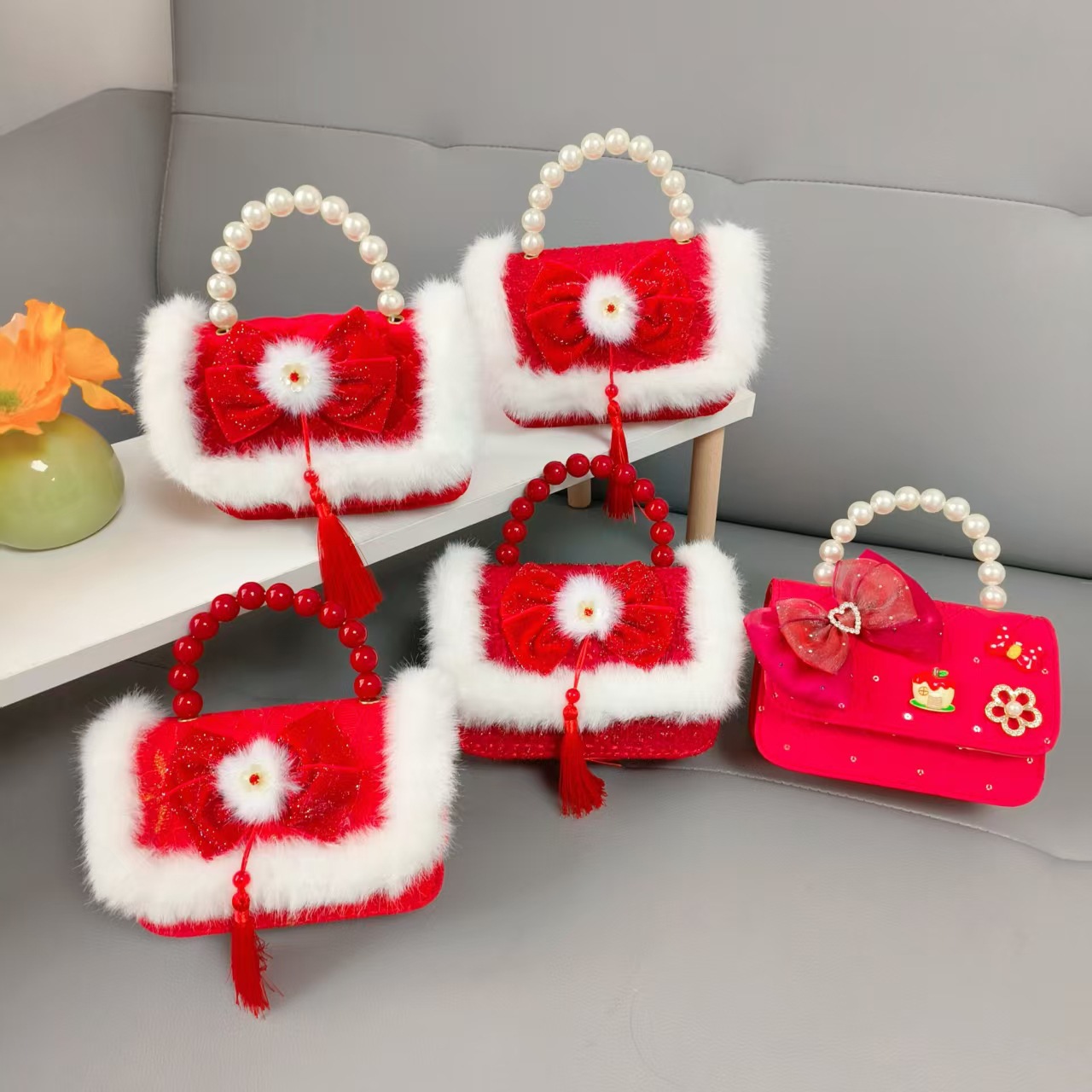 Bolso de la princesa portátil de perlas de Año Nuevo gran rojo para niños bolso de Año Nuevo bolso de chicas bolso de cadena pequeña bolsa de accesorios de viento fragante
