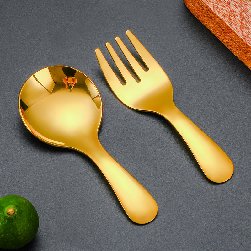 Creativo 304 cuchara de bebé de acero inoxidable mango corto tenedor cuchara traje de postre dorado cuchara tenedor helado cuchara niños vajilla
