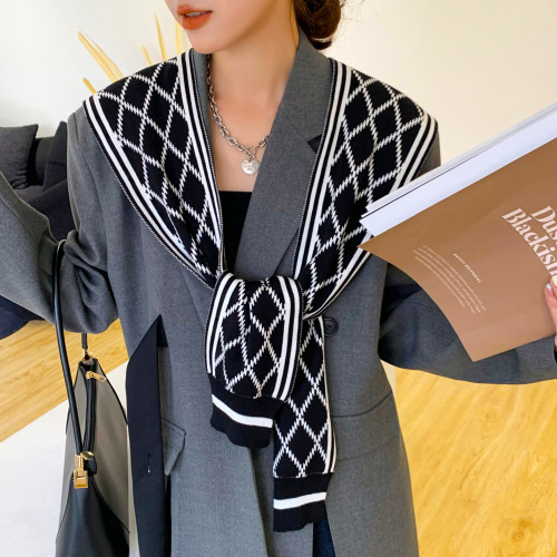 Black and white houndstooth plaid shoulder shawl spring and autumn outer knitted scarf for women, fashionable and versatile, decorative fake collar waistcoat